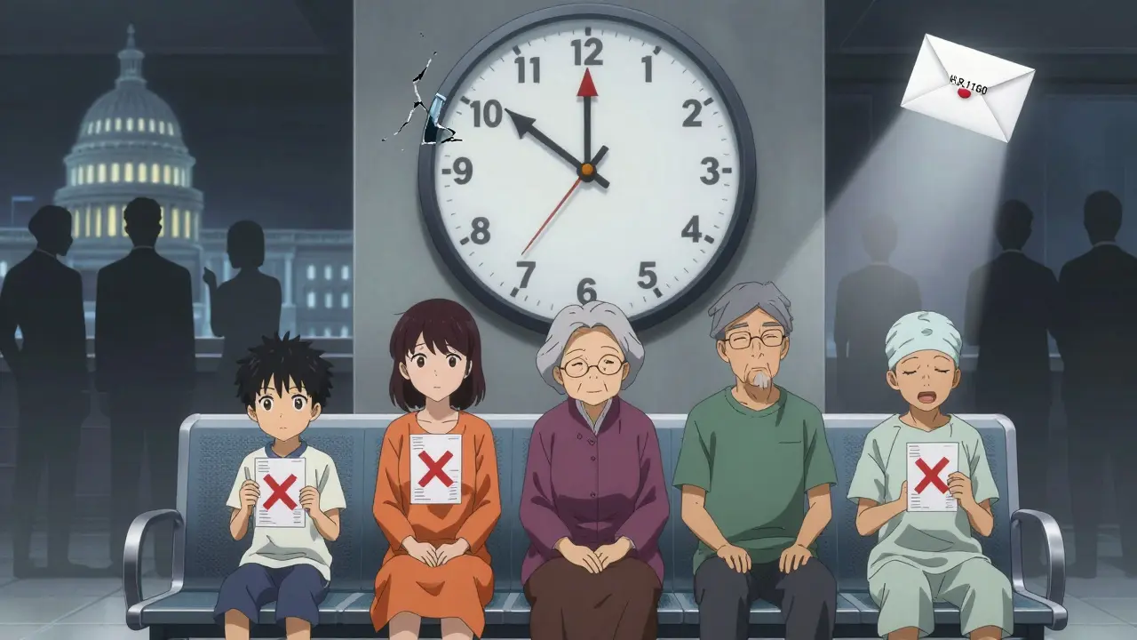 Three patients sit on a hospital bench holding prescriptions with red X's, as a broken clock made of syringes ticks backward above them.