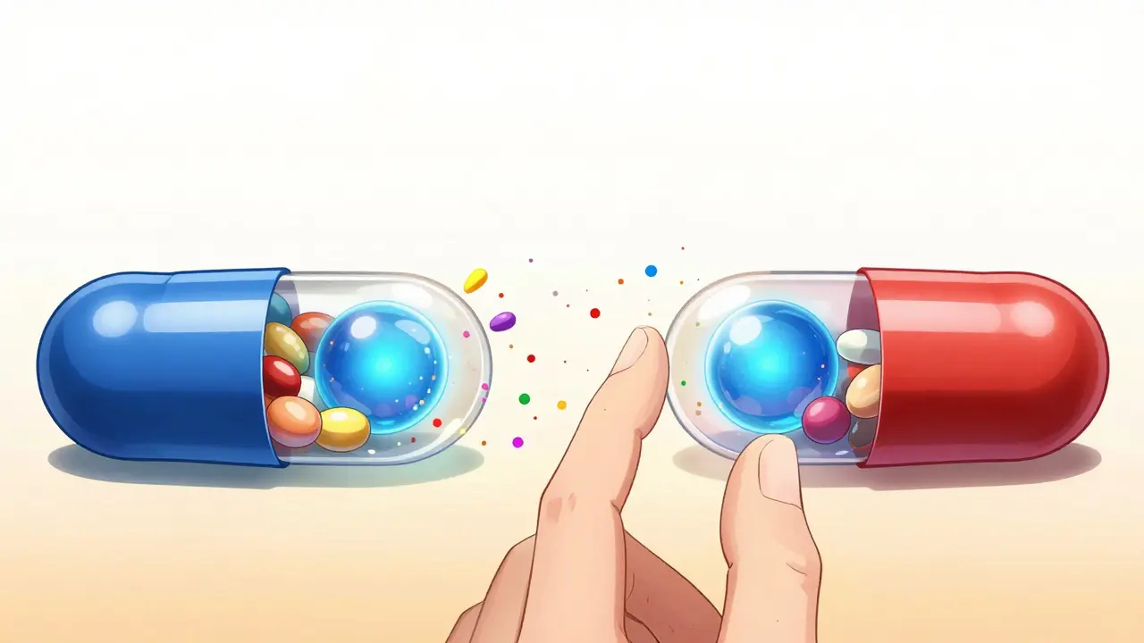 Two split-open pills show identical active cores but wildly different inactive ingredients bursting as colorful particles.