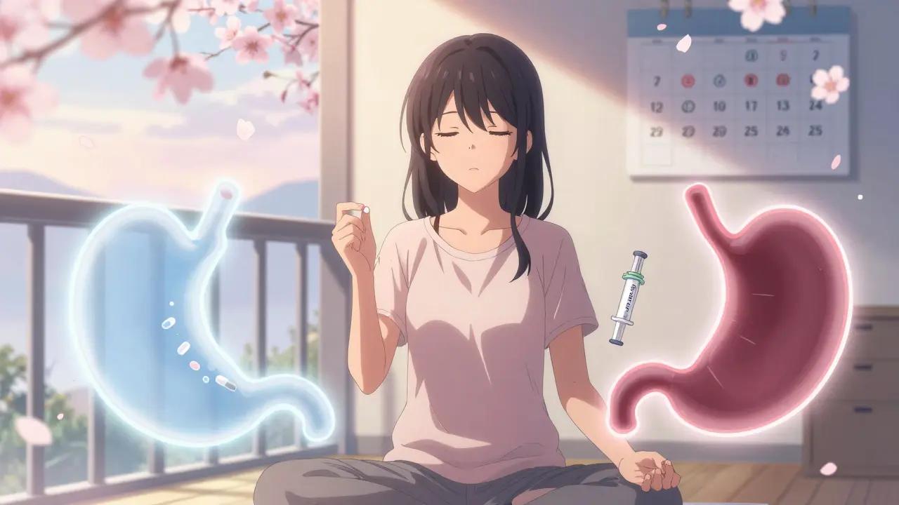 Woman at dawn meditating with antidepressant and weight loss med, translucent stomachs show absorption issues.