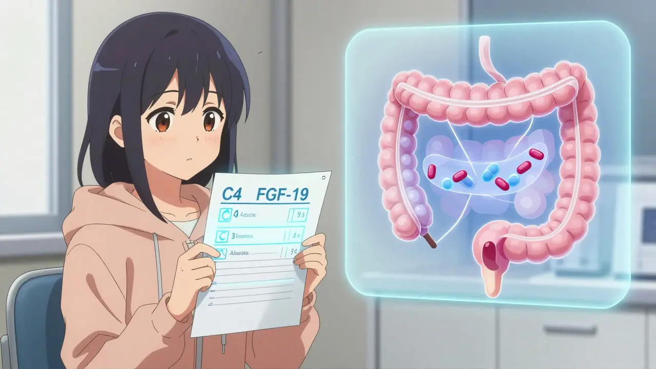 Woman holding blood test results showing C4 and FGF-19 levels, with a bile acid binder neutralizing excess acids in the gut.