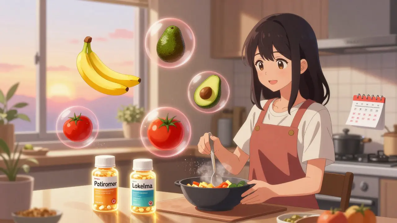 Woman in kitchen with warning bubbles over high-potassium foods, potassium binders glowing beside her.