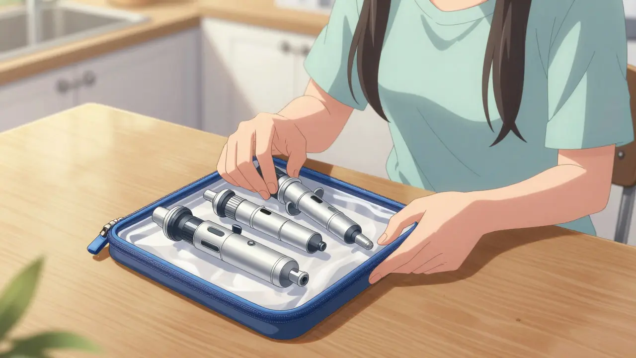 Woman organizing allergy medication kit on a table