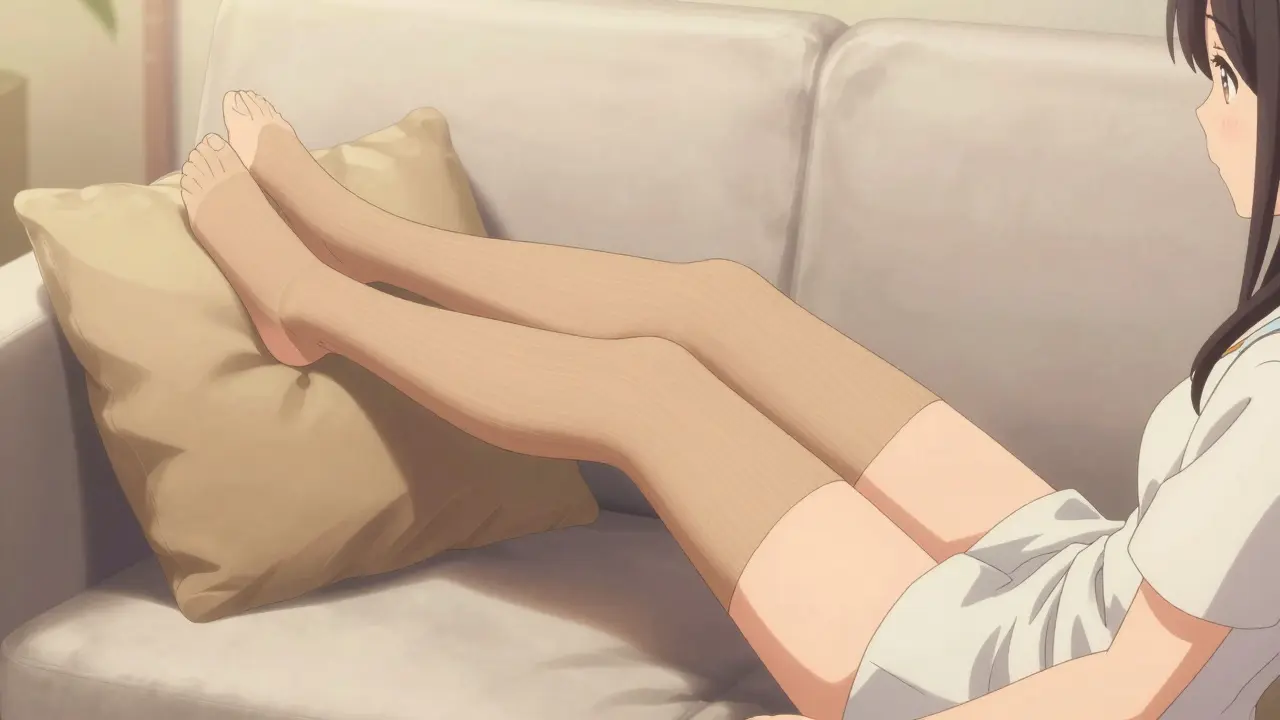 Anime girl wearing compression stockings with legs elevated on pillows