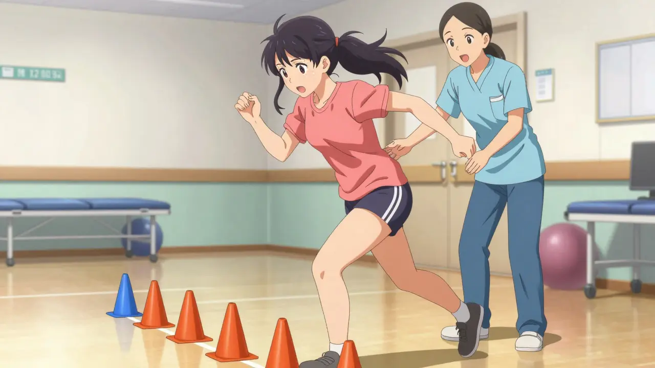 Anime woman practicing balance by walking around cones in a rehabilitation clinic.