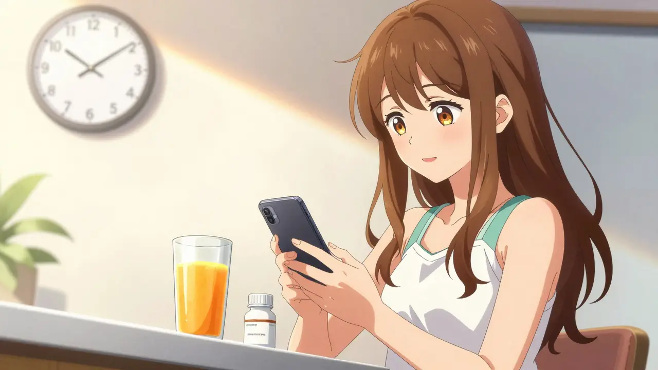 Anime woman setting a phone alarm next to iron supplements and orange juice.