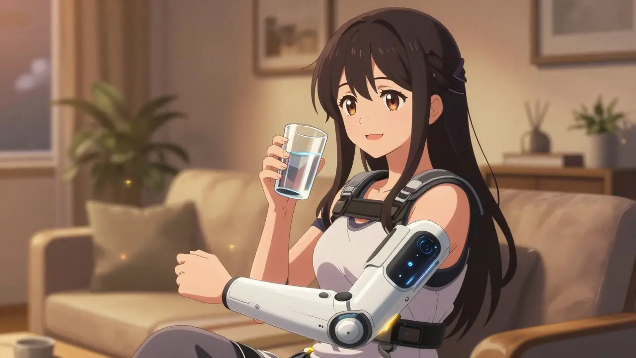 Anime woman smiling and holding a glass while wearing a high-tech recovery device at home.