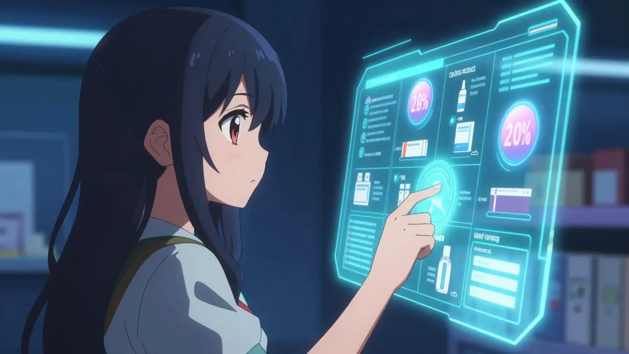 Anime woman using a futuristic holographic interface to compare pharmacy prices