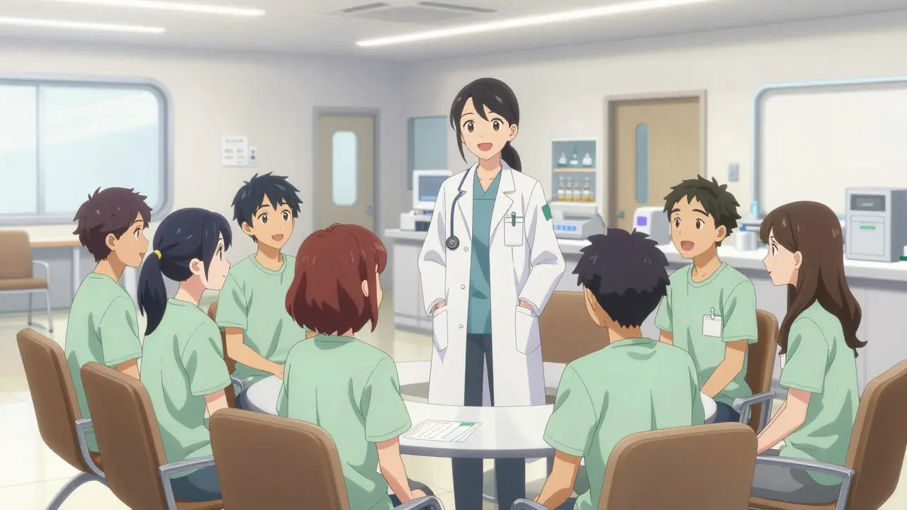 Bishoujo researcher with volunteers in a modern, clean clinical study environment