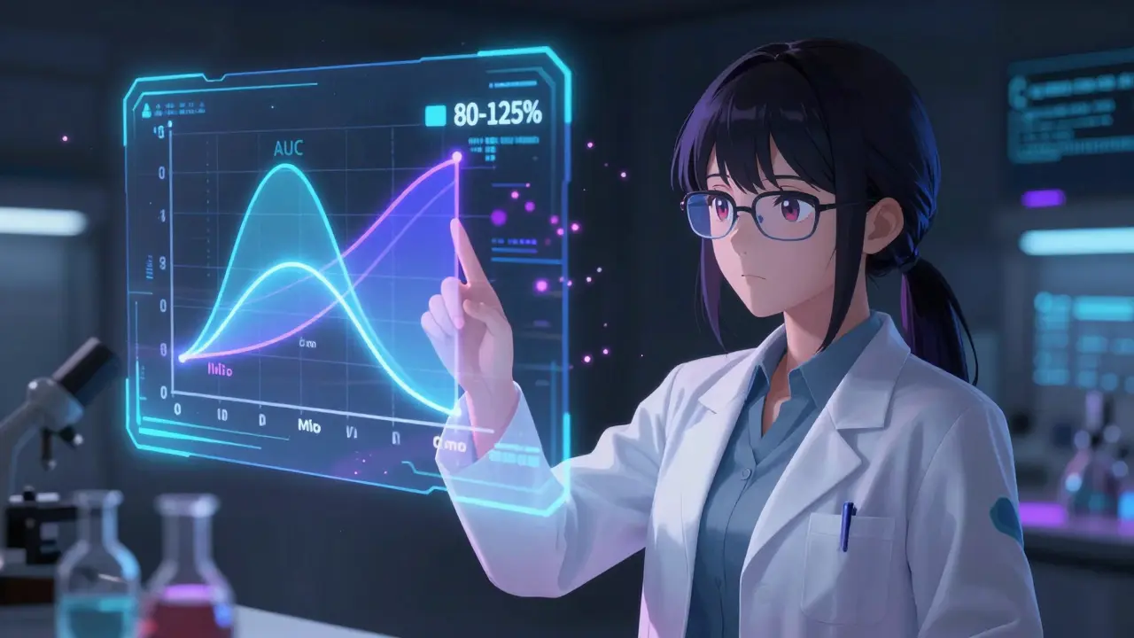 Bishoujo scientist explaining a holographic pharmacokinetic curve and confidence interval