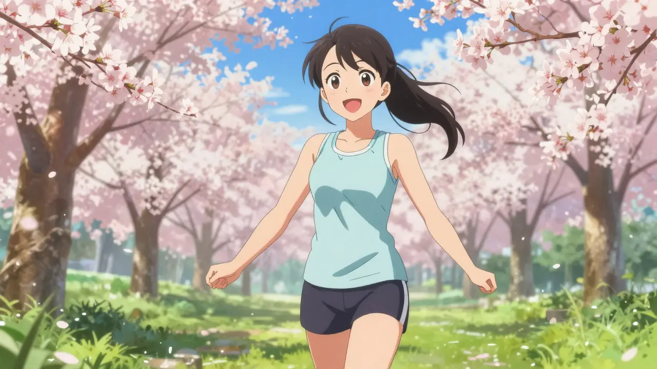 Cheerful anime woman walking in a sunny park with cherry blossoms