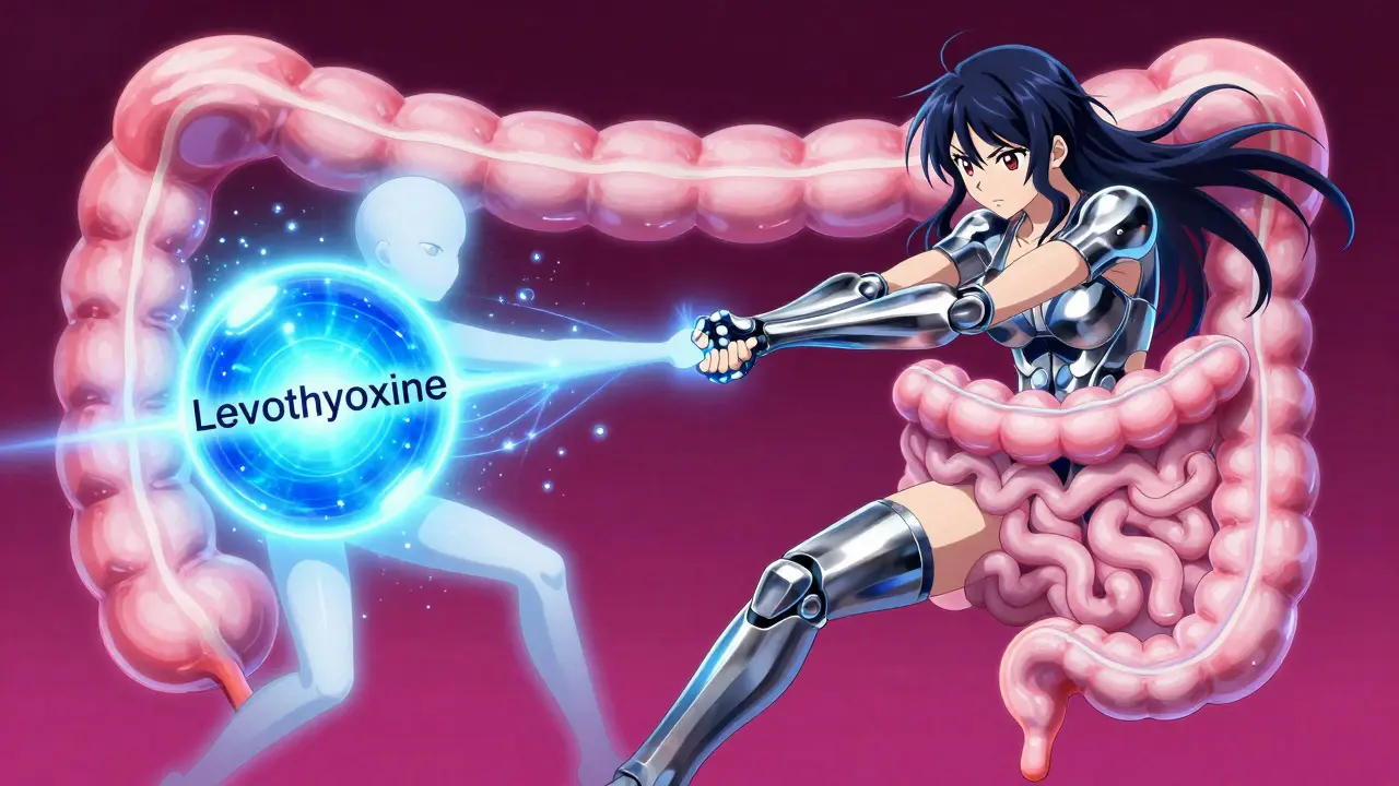 Conceptual anime art of iron and thyroid hormone binding together in the gut.