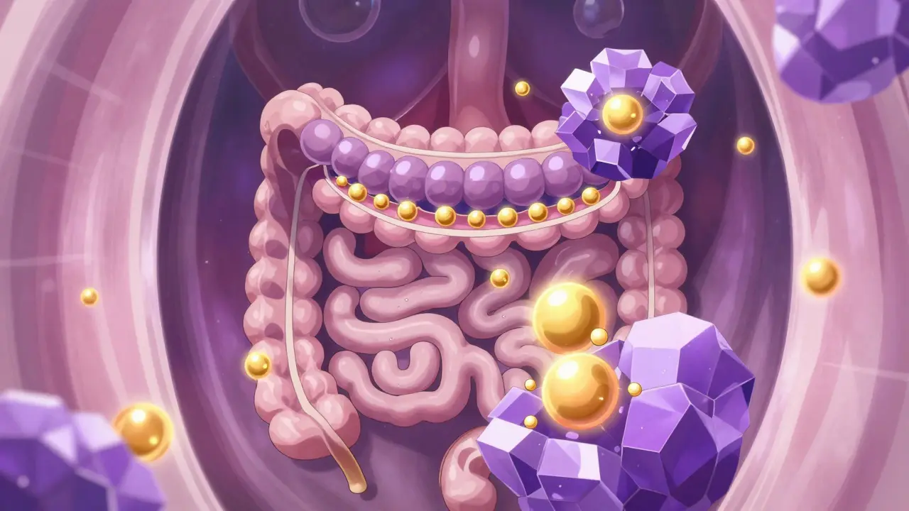 Conceptual anime illustration of soy isoflavones binding to thyroid medication in the gut.
