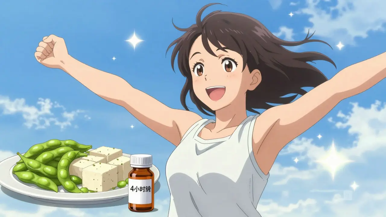 Energetic anime woman feeling healthy after properly timing her soy intake and medication.