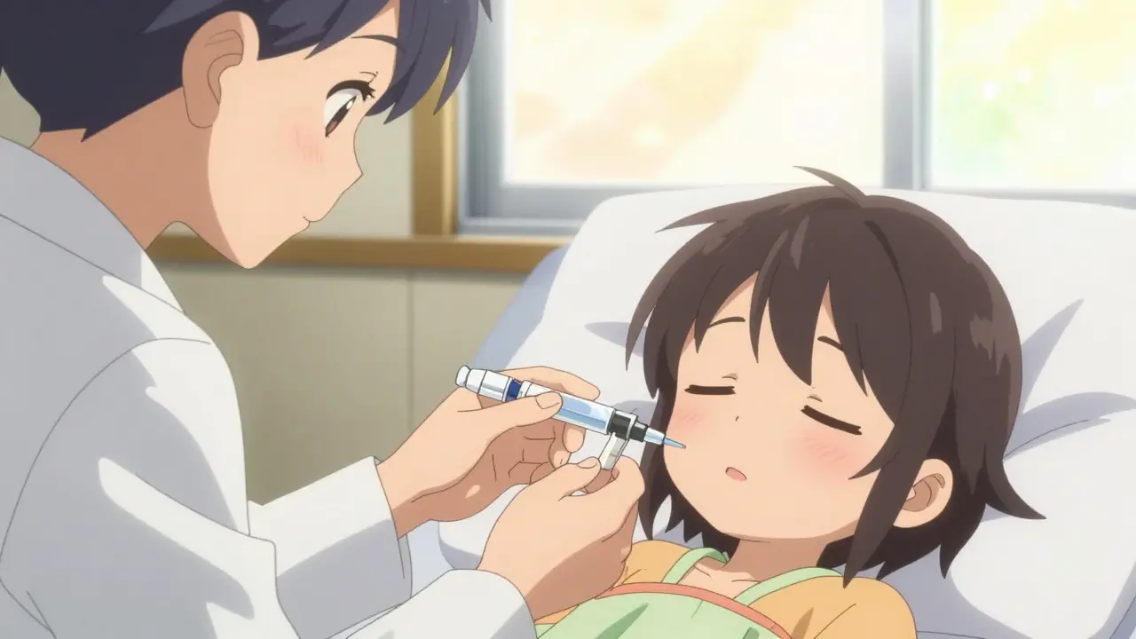 Medical professional giving sedative to a sleepy young anime girl in a clinic