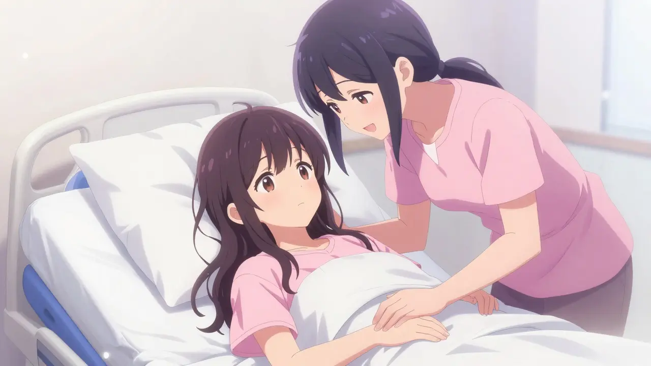 Young anime girl waking up from anesthesia in a soft, hazy recovery room